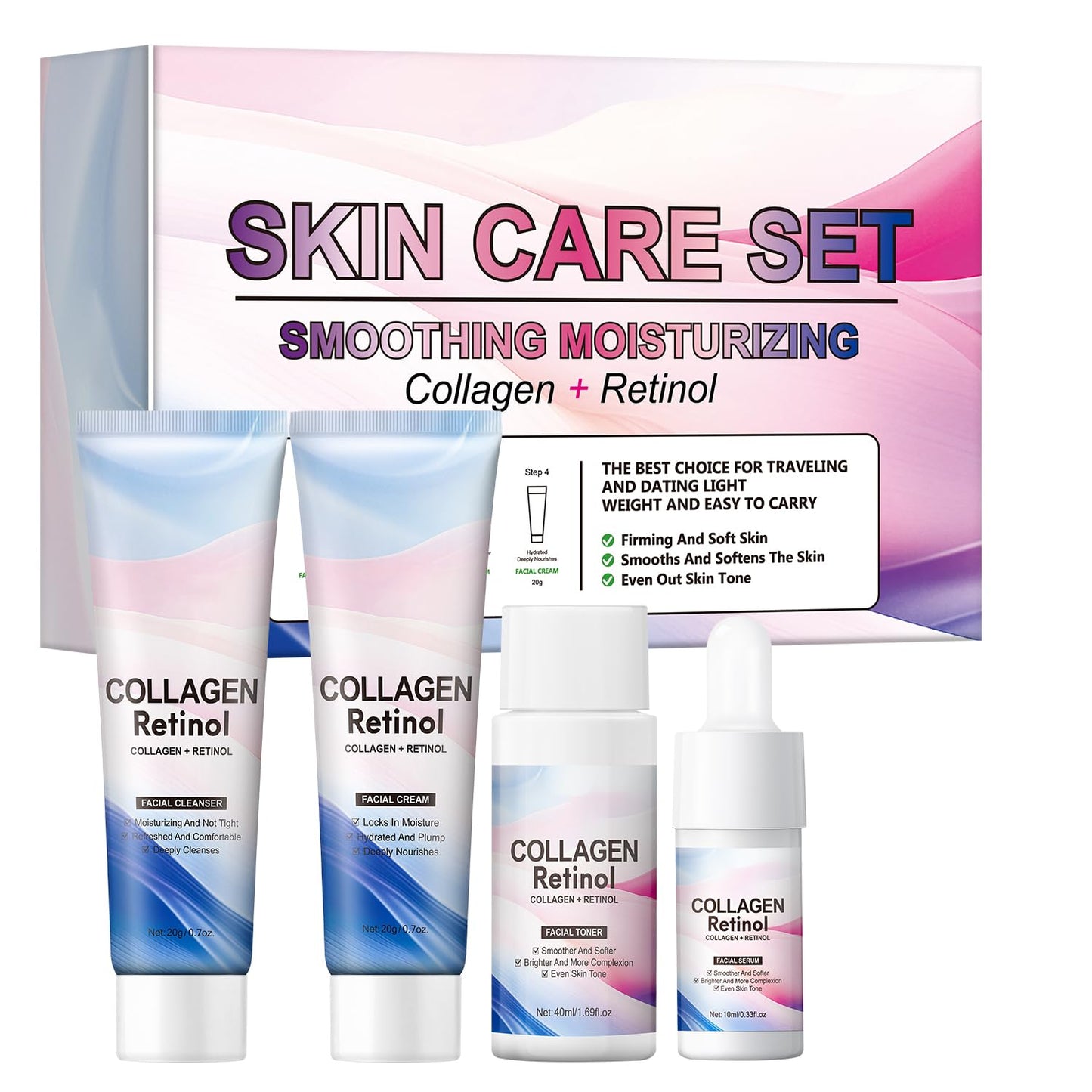 Skin Care Set, Collagen Retinol Rejuvenating Kit, Mini Travel Essentials, Travel Size Skin Set with Facial Cleanser, Toner, Serum, Cream, Lightweight, Hydrating, Travel-Friendly Skincare Set