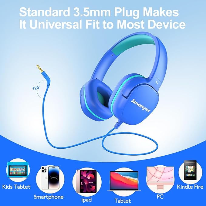 Kids Headphones for School, 3.5mm Jack Wired Headphones for Kids with Safe Volume Limiter, HD Stereo Sound On-Ear Girls Boys Toddler Headphone for Tablet, iPad, Kindle(Blue)