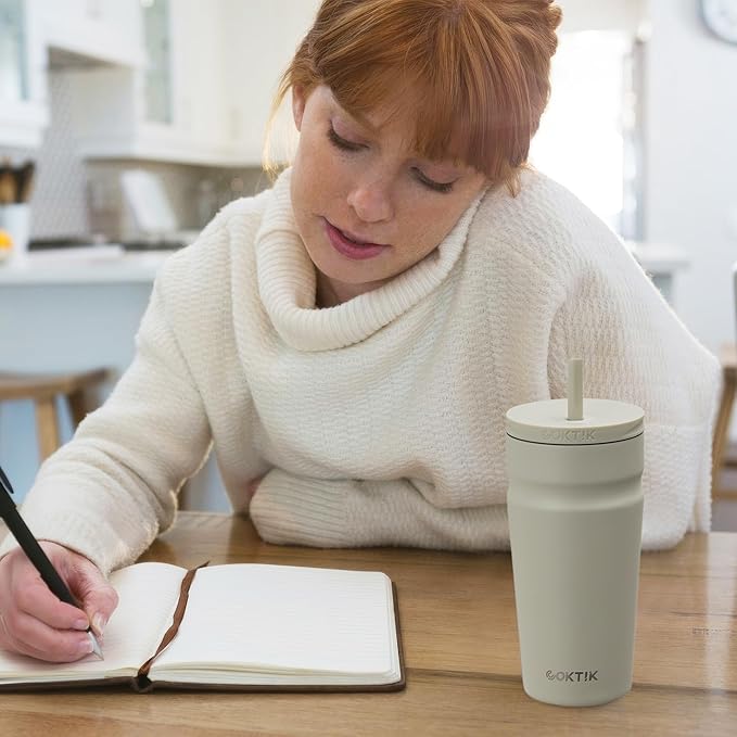 COKTIK 20oz Insulated Tumbler with Lid and Straw 2 Lids (Straw/Flip) Iced Coffee Cup Reusable Stainless Steel Travel Mug Water Bottle Cupholder Friendly for Women Men Her Him (Almond Birch)