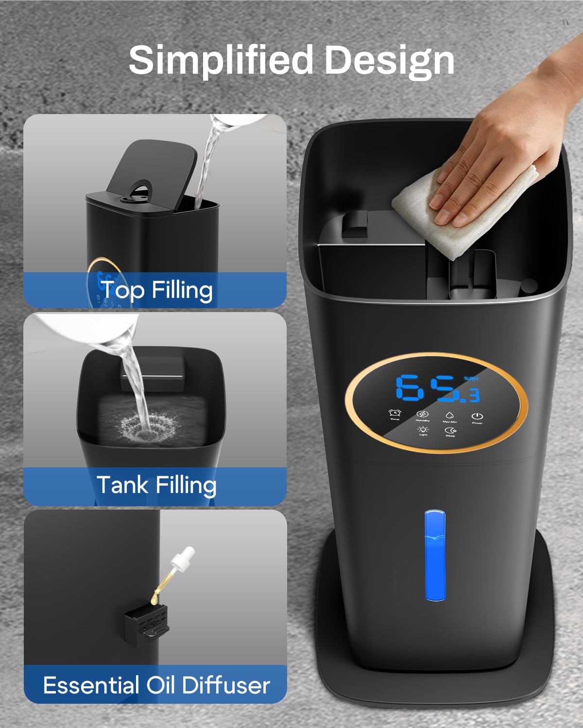 Humidifier Large Room Bedroom with Night Light, 2.1Gal(8L) Humidifiers for Home with Essential Oil Diffuser, Top Fill Whole House Cool Mist Humidifiers for Plants Baby Kids Adults(Black)