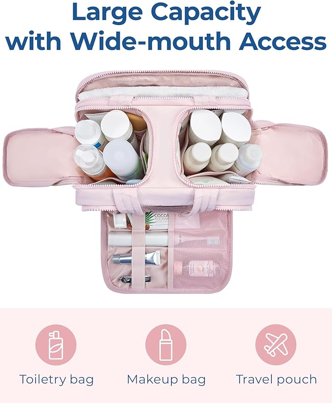 BAGSMART Travel Toiletry Bag, Lightweight Large Wide-open Travel Bag for Women, Puffy Cosmetic Makeup Bag Organizer with Handle for Accessories,Essentials, Toiletries, Pink