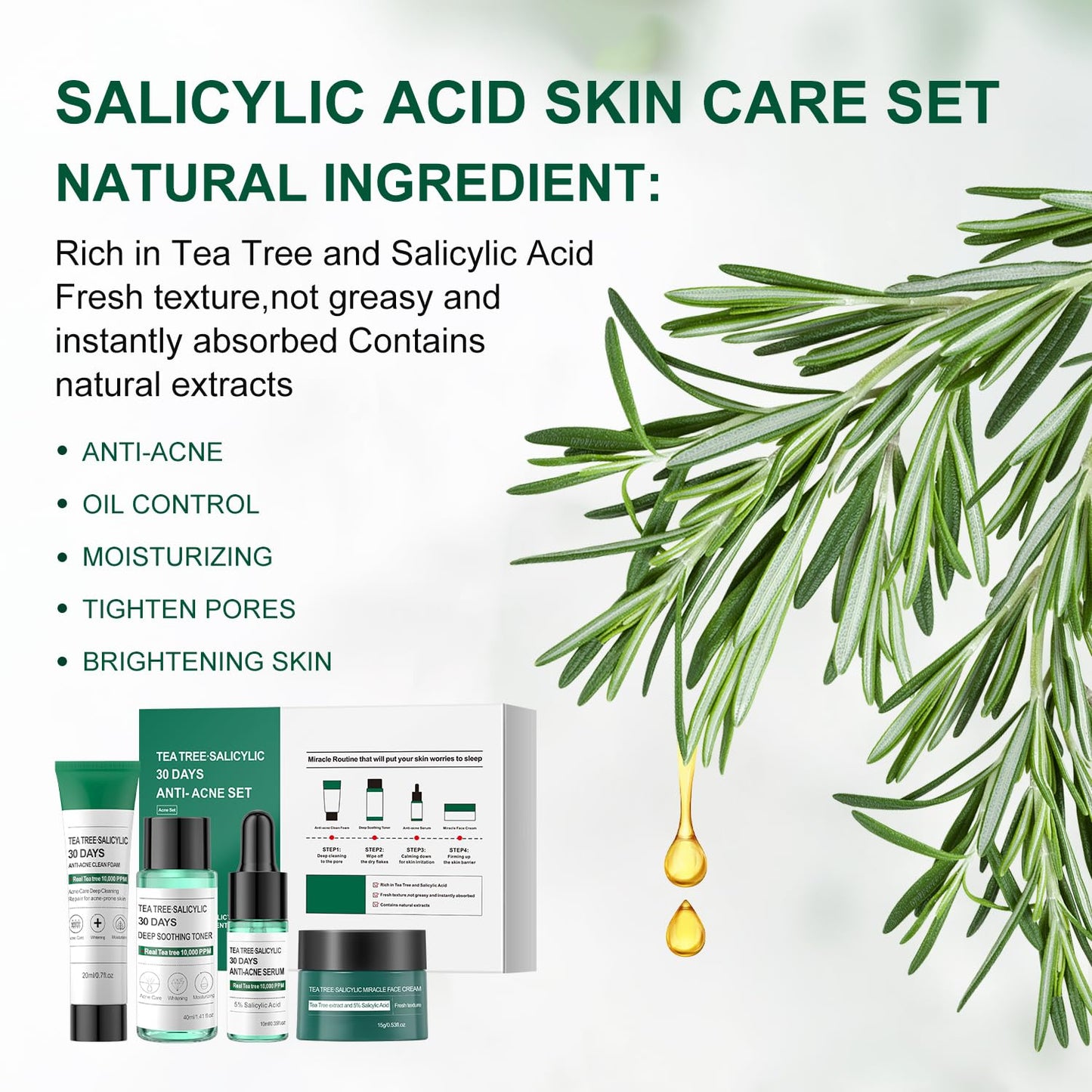 Tea Tree Salicylic Acid Facial Skin Care Set, Acne Treatment Skincare Set ,Skincare Mini Kit, Facial Kit Gifts for Women,Cleanser, Toner, Serum, Cream,Oil Control Facial Kit, Travel Size Set