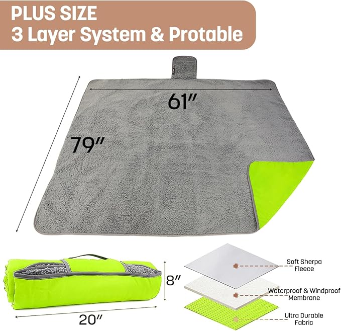 Tirrinia Waterproof Outdoor Blanket with Sherpa Lining, Windproof Triple Layers Warm Comfy Foldable for Camping Stadium, Beach, Picnic, Grass, Concerts, Car, Dog, 51''X 59'' & 59''X 80''