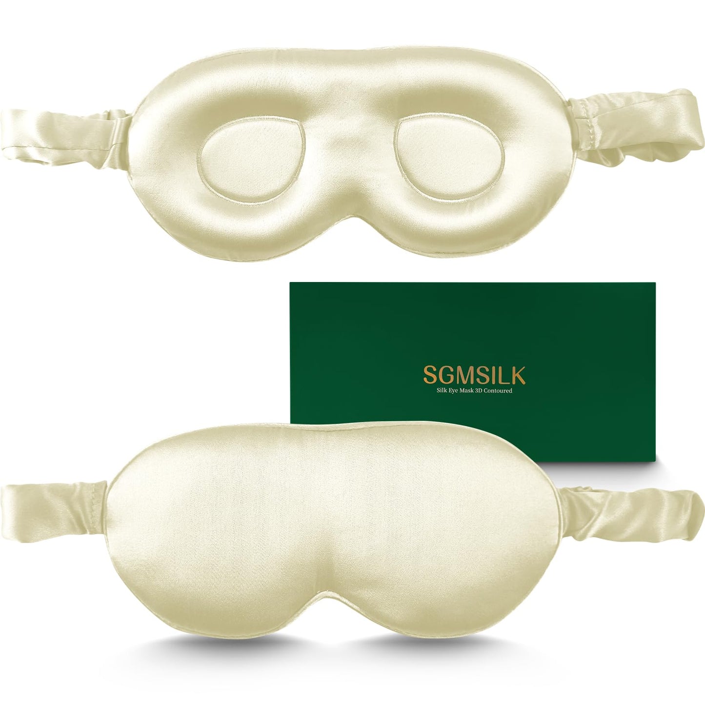 SGMSILK 100% Pure Mulberry Silk Sleep Mask, 3D Contoured Cup Eye Mask for Sleeping, 22 Momme Super Soft Breathable Blindfold, Adjustable Blackout Travel Silk Eye Cover Ivory