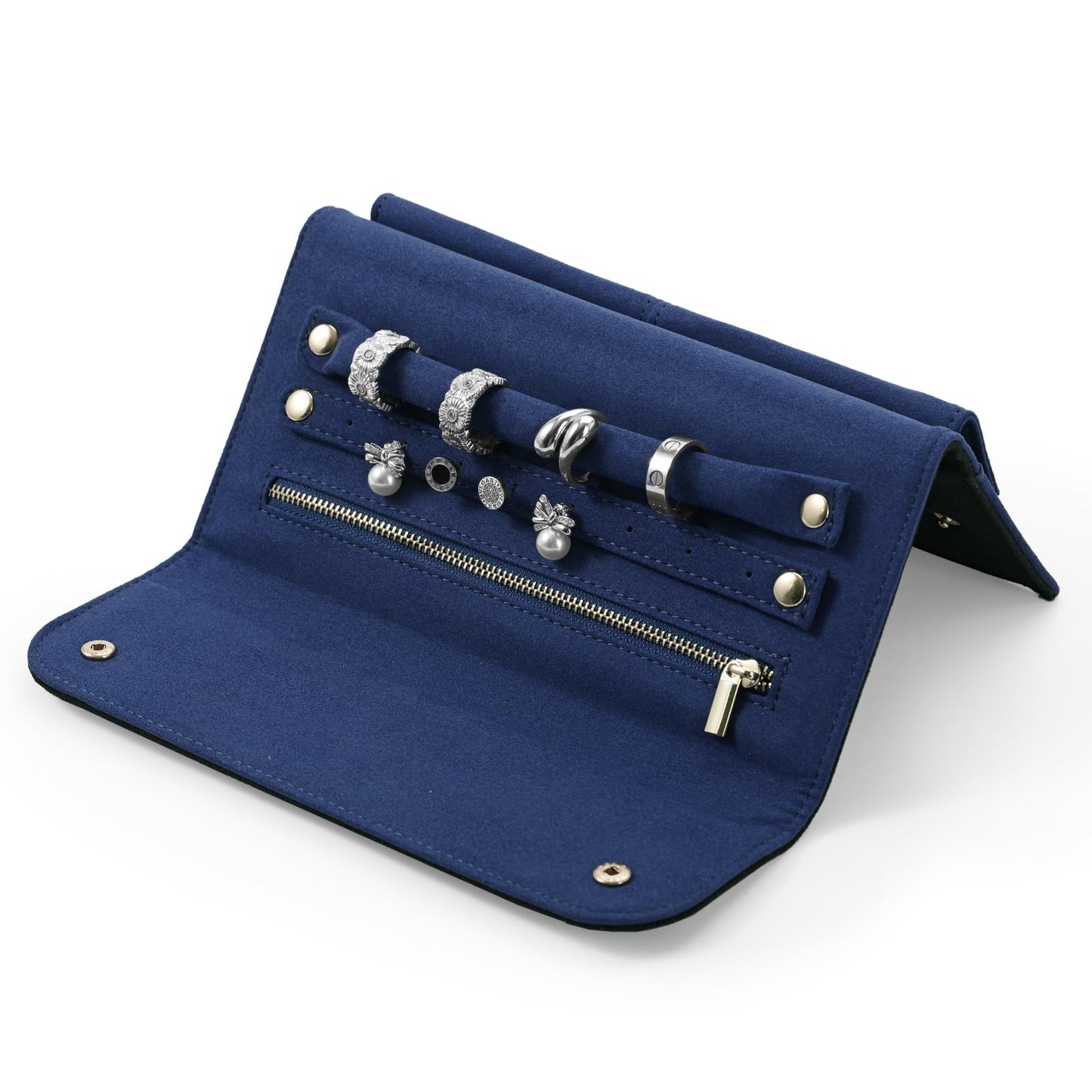 Papten Leather Travel Jewelry Organizer Bag Foldable Jewelry Case with Tangle-Free Pouch, Expandable Jewelry Roll Organizer for Necklaces, Earrings, Rings Storage for Travel Accessories(Black+Blue)