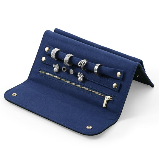 Papten Leather Travel Jewelry Organizer Bag Foldable Jewelry Case with Tangle-Free Pouch, Expandable Jewelry Roll Organizer for Necklaces, Earrings, Rings Storage for Travel Accessories(Black+Blue)