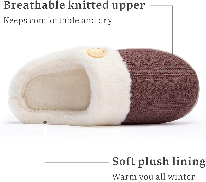 Chantomoo Womens Slipper Warm Comfy Memory Foam House Slippers Knitted Shoes Faux Fur Lined Anti-Skid Rubber Sole Bedroom Cozy Indoor Outdoor Slippers