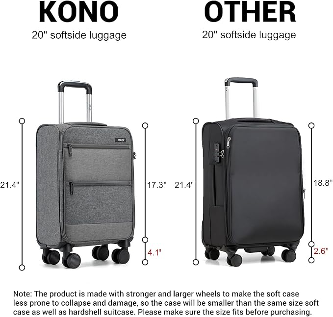 Kono 20 Inch Softside Carry On Luggage Airline Approved 20 Inch Spinner Wheels Lightweight Waterproof Suitcase with TSA Lock for Business Travel (Small, Grey)