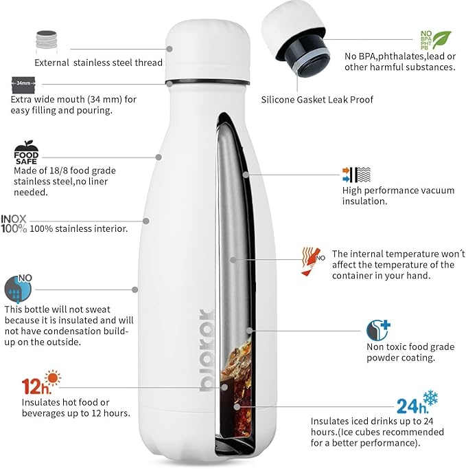BJPKPK 12oz Insulated Stainless Steel Water Bottles Travel Sports Water Bottles Dishwasher Safe,White