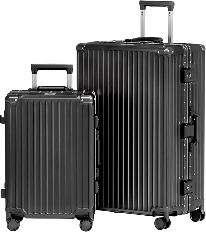 AnyZip Luggage Sets 2 Piece Aluminum Frame Carry On and Checked Suitcase PC ABS Hard Shell TSA Lock No Zipper(Black, 20/28)