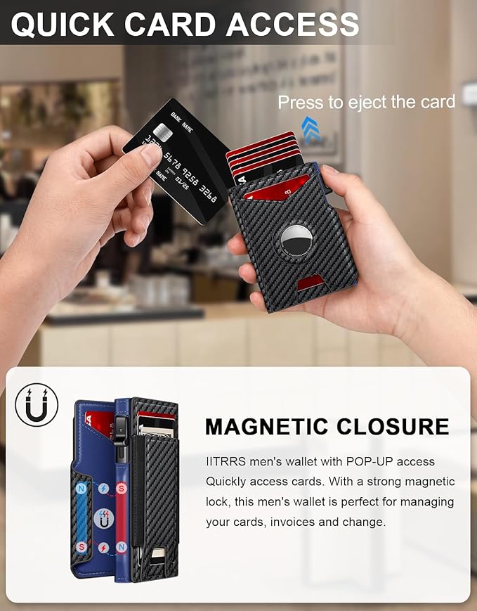 Airtag Wallet for Men, Minimalist Slim Mens Wallet Smart Pop Up Credit Card Holder for 9-13 Cards, RFID Blocking Wallet with ID Window & Cash Slot, Compact Bifold Metal Aluminum Card Case