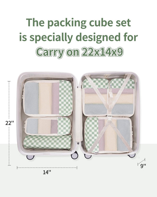 Narwey 6 Set Checkered Compression Packing Cubes for Travel Women Kids Carry on, Cute Packing Organizers Bag for Luggage Suitcase Backpack Duffle Bags (Mint Green Checkerboard)