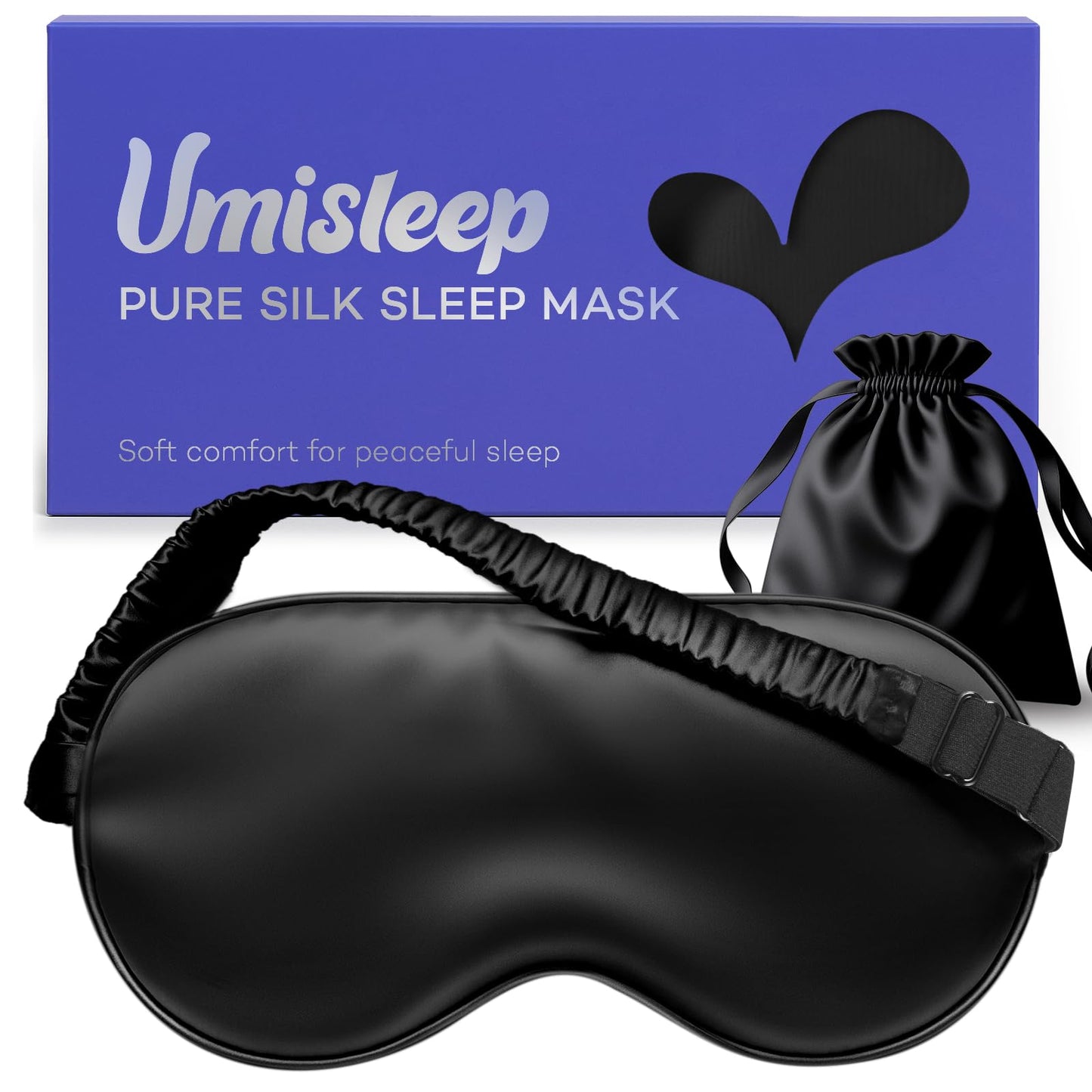 Umisleep 100% Pure Mulberry Silk Sleep Mask, 22 Momme 6A Soft & Smooth Fibers, Breathable Eye Mask for Women & Men, Better Light Blocking Sleeping Mask with Travel Pouch, Adjustable Blindfold, Black