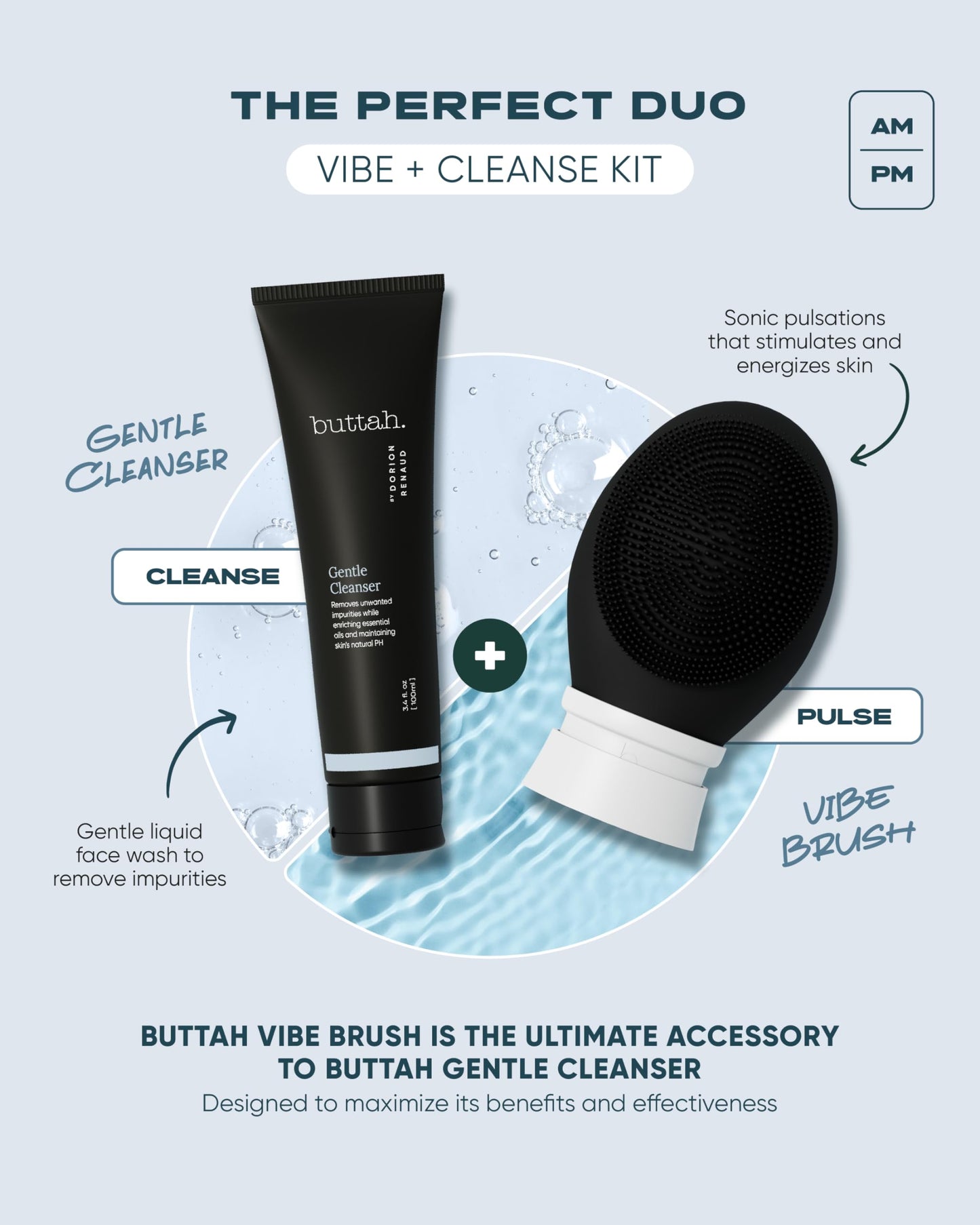 Buttah Skin by Dorion Cleanse + Vibe Brush Kit | Vibe Cleansing Face Brush | Buttah Facial Cleanser 3.4oz | 2-Speed Sonic Pulsating - Gentle Exfoliation - Water Resistant
