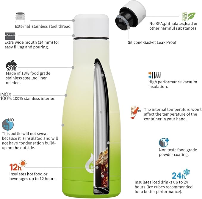 BJPKPK Insulated Water Bottle 12oz Small Stainless Steel Water Bottles Reusable Metal Thermal Keep Cold and Hot,Elegant Green