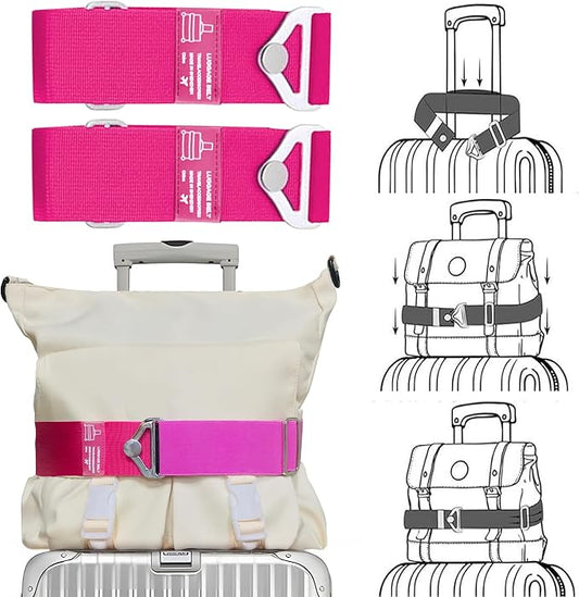 2-in-1 Travel Belt for Luggage Over Handle, Luggage Belt for Carry on Bag, Suitcase Straps, Add a Bag Bungees Luggage Straps Adjustable with Alloy Buckle,Hands-Free for Airport (Pink, 2 Pack)