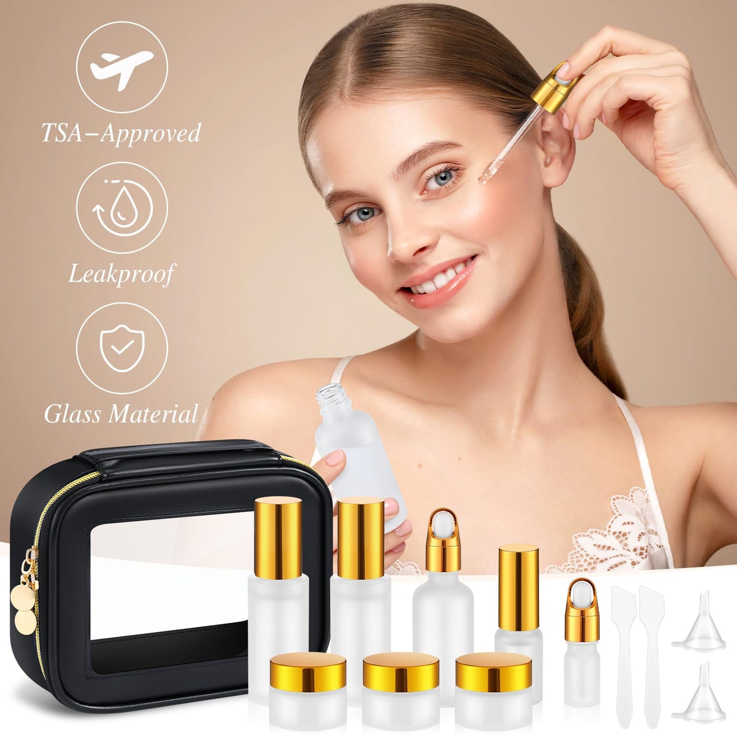 Jingmore 13 Pcs Glass Skincare Travel Containers Mini Makeup Containers Travel Size Toiletries Bottles with Pump Spray and PU Leather Toiletry Bag for Liquid Serum Cream Moisturizers Oils(Gold)