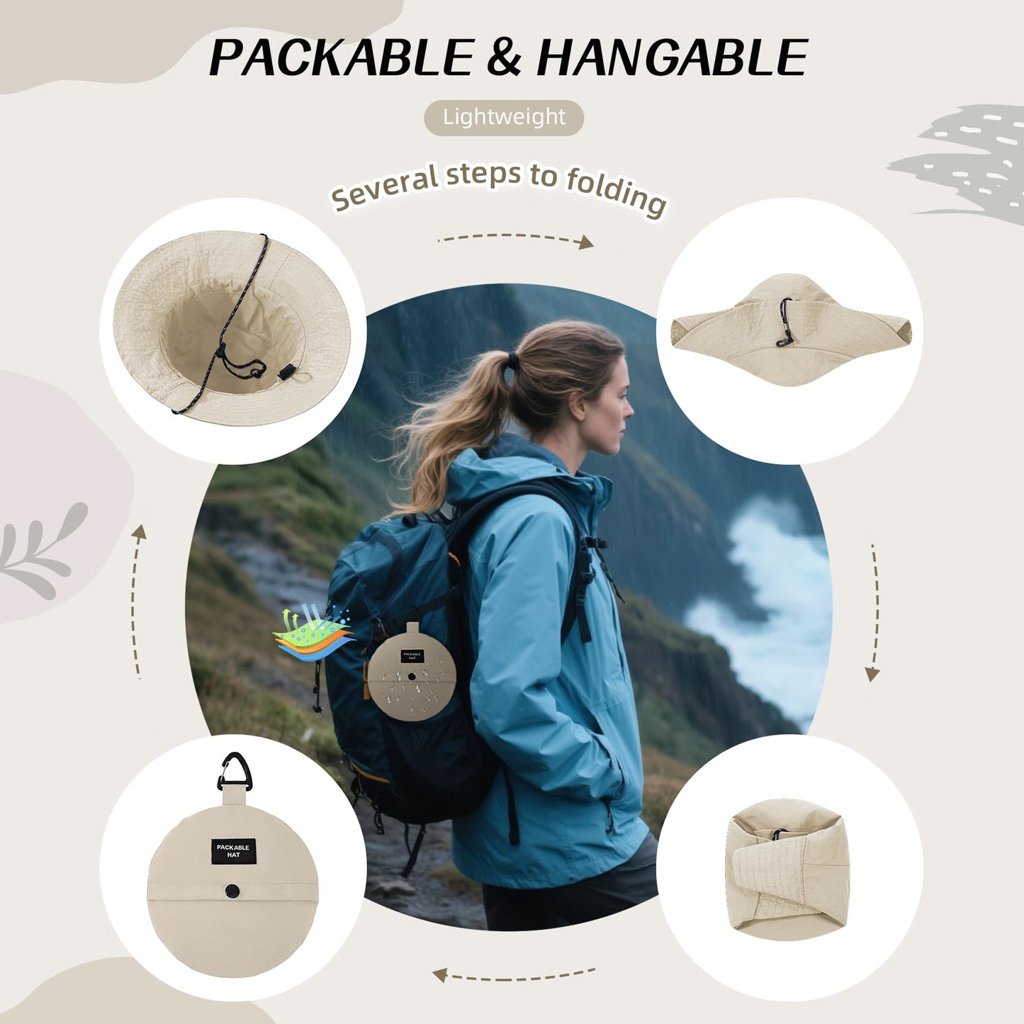 Durio Waterproof Bucket Hats for Woman UPF 50+ Sun Hat UV Protection Packable Rain Hats for Women Lightweight Hiking Hat Beige One Size