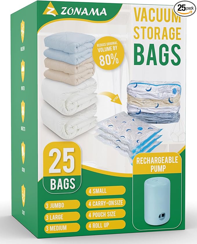 Travel Compression Bags, 25 Pack Vacuum Storage Bags with 1500mAh Rechargeable Battery, Vacuum Seal Bag for Space Saving Clothes, Blanket, Duvets, Pillows, Comforters, Travel Essentials, Luggage
