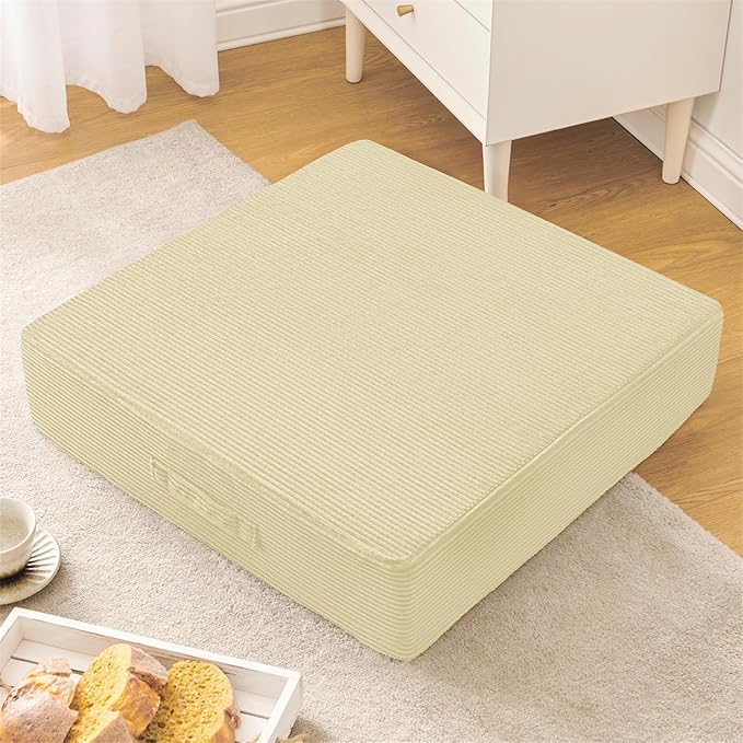 Wellsin Solid Square Floor Pillows for Adults Kids - Large Meditation Floor Pillow Seating Cushion with Thick Foam & Washable Velvet Cover, 1 Pack, 22x22x5 Inch, Beige