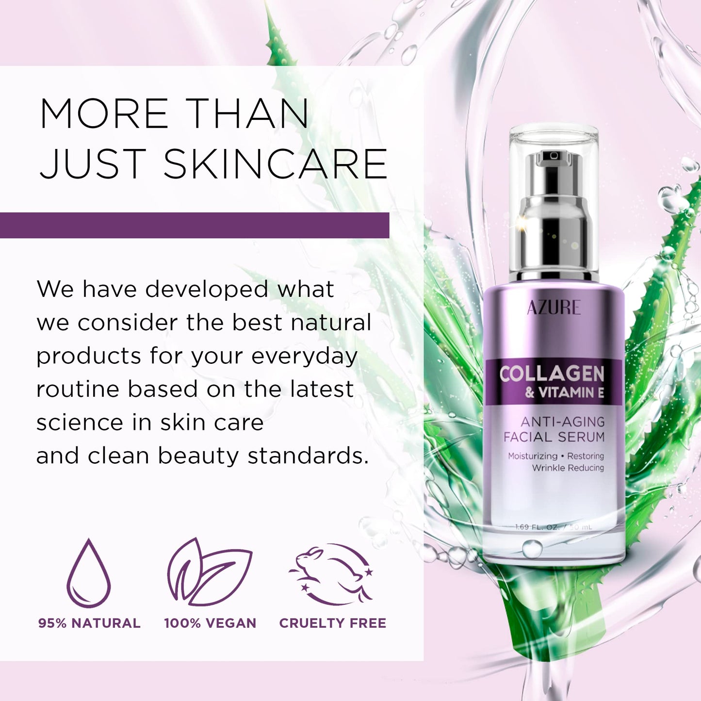 Azure Cosmetics Collagen & Vitamin E Serum For Face - Dermatologist Tested, Anti-Aging, Fine Lines & Wrinkle Treatment - Nourish Dull Skin - Lightweight, Vegan, Clean Beauty, Korean Skin Care - 1.69oz