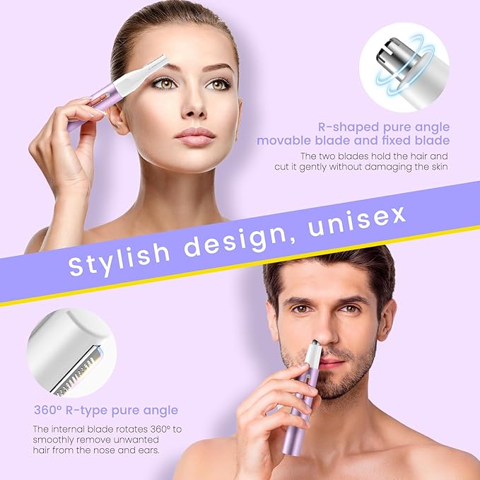 2 in 1 Nose & Ear Hair Trimmer for Women Men, 2025 Rechargeable Dual-Edge Blade Electric Clipper, Facial & Eyebrow Hair Removal Tool, Powerful Motor, Painless, Easy to Clean (Purple)
