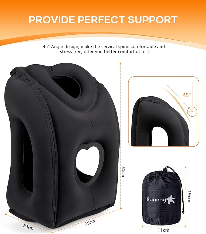 Sunany Travel Pillow, Upgraded Plane Pillow for Long Flights, Inflatable Neck Pillow Used for Airplanes,Cars,Buses,Trains,Office Napping with Eye Mask,Earplugs (Black)
