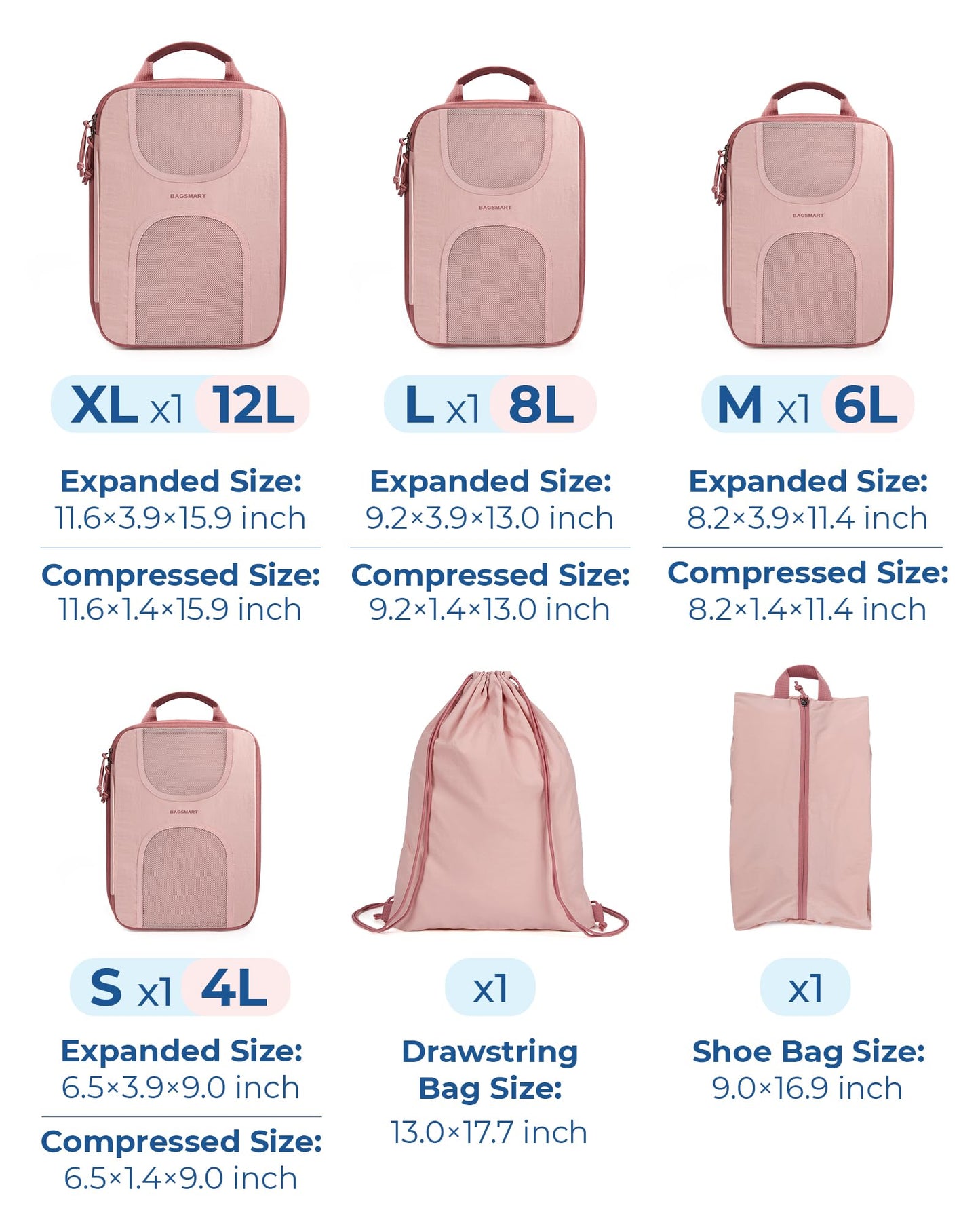 BAGSMART Compression Packing Cubes, 6 Set Packing Cubes for Suitcases, Lightweight Suitcases Organizers Bag Set & Compression Travel Cubes, Travel Essentials Packing Organizers Baby Pink