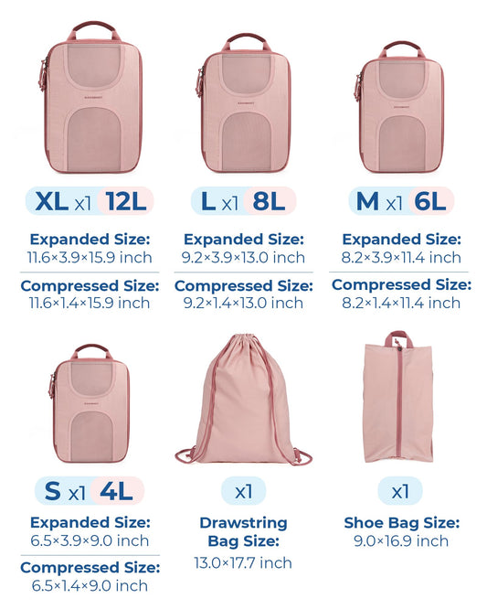 BAGSMART Compression Packing Cubes, 6 Set Packing Cubes for Suitcases, Lightweight Suitcases Organizers Bag Set & Compression Travel Cubes, Travel Essentials Packing Organizers Baby Pink