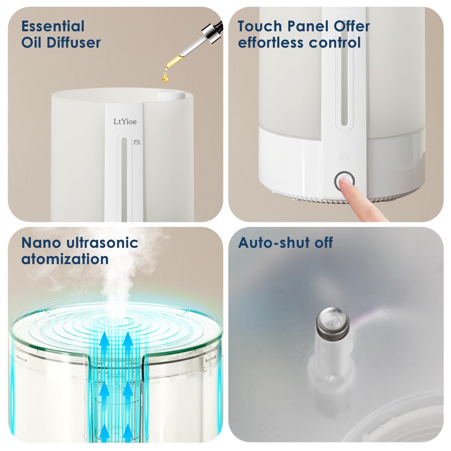 LtYioe Colorful Top Fill Humidifiers for Office, Bedroom,etc. Essential Oil Diffuser 2.5L Tank,Touch Button, Easy to Fill & Clean, Colorful night light, Auto Shut-Off, 3 Mist Modes, Super Quiet, 16H.