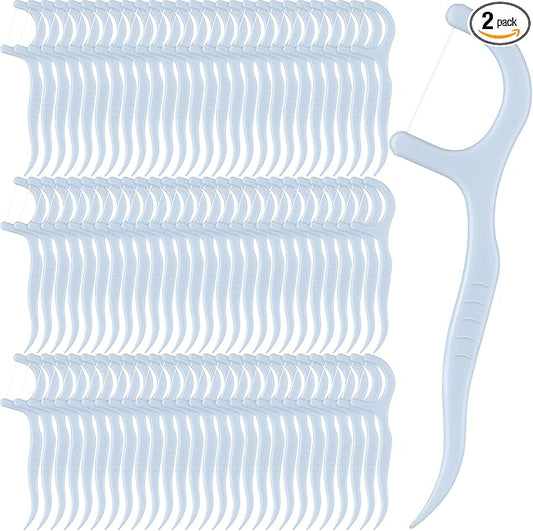 Baderke 200 Count Floss Picks Bulk Non Breakable Tooth Picks Flosser Dental Floss Sticks for Adults Teeth Cleaning Dental Flossers for Family Pack Travel(Light Blue)
