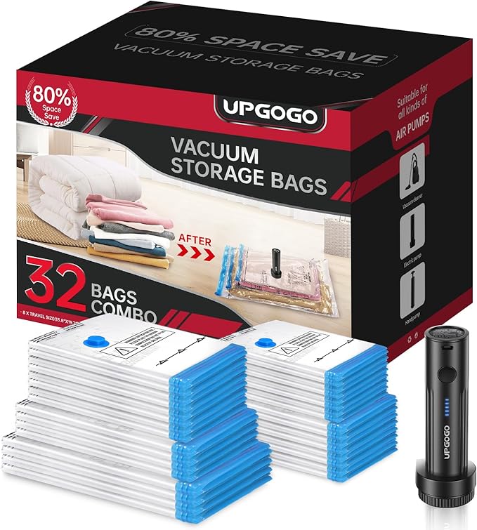 Combo 32 Pack Vacuum Storage Bags with Portable Electric Pump,Vacuum Seal Bags for Clothing,Space Saver Bags,Vacuum Travel Bags for Luggage