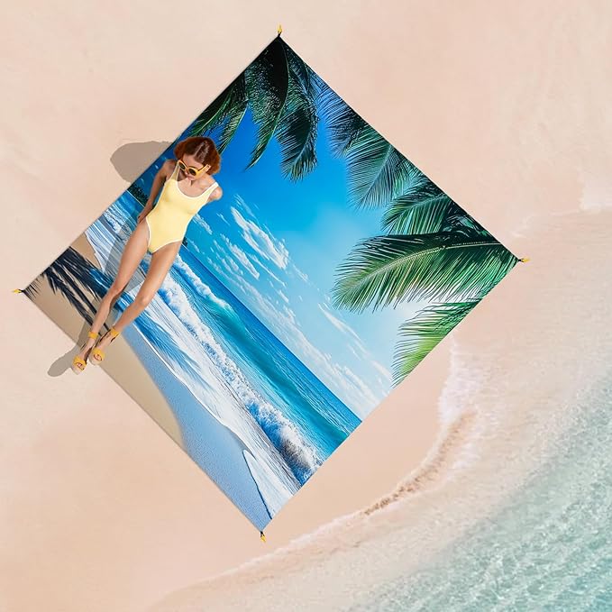 Beach Blanket Waterproof Sandproof, Palm Tree Oversized Extra Large Picnic Mat 83"×95"/8 × 7 FT for 1-7 Adults for Travel Camping Hiking, Quick Drying Lightweight Outdoor Beach Vacation Essentials