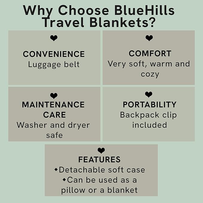 BlueHills 2-Pack Premium Soft Travel Blanket Pillow Airplane Blanket in Soft Bag Pillowcase with Hand Luggage Belt and Backpack Clip, Compact Pack Large Blankets for Any Travel (Grey Gray T013)