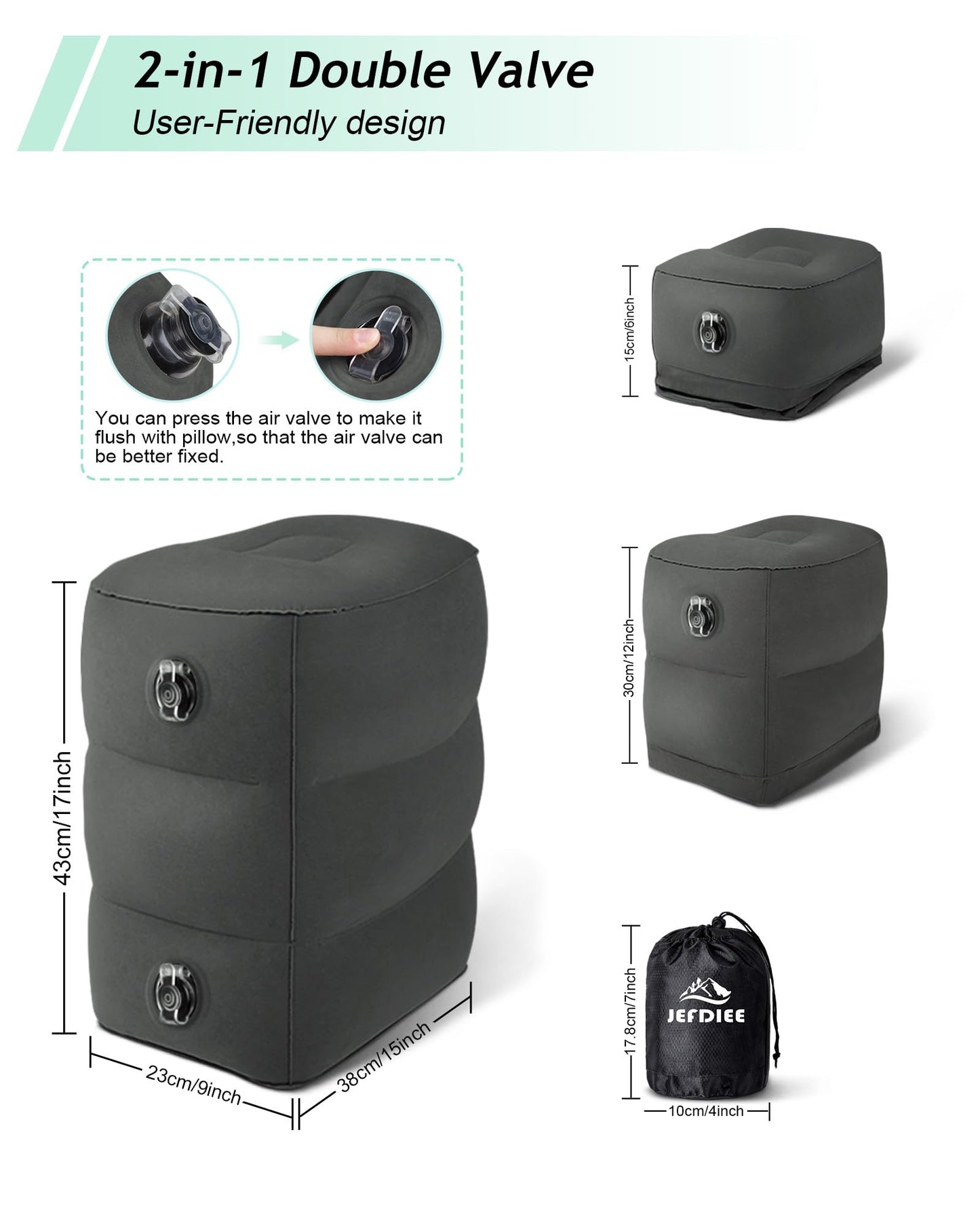 JefDiee Inflatable Travel Foot Rest Pillow, Kids Airplane Bed, Adjustable 3 Layers Height Leg Rest Pillow, Adults Travel Essentials Great for Airplane, Office, Home, Trains, Cars (2 Pack-Dark Grey)