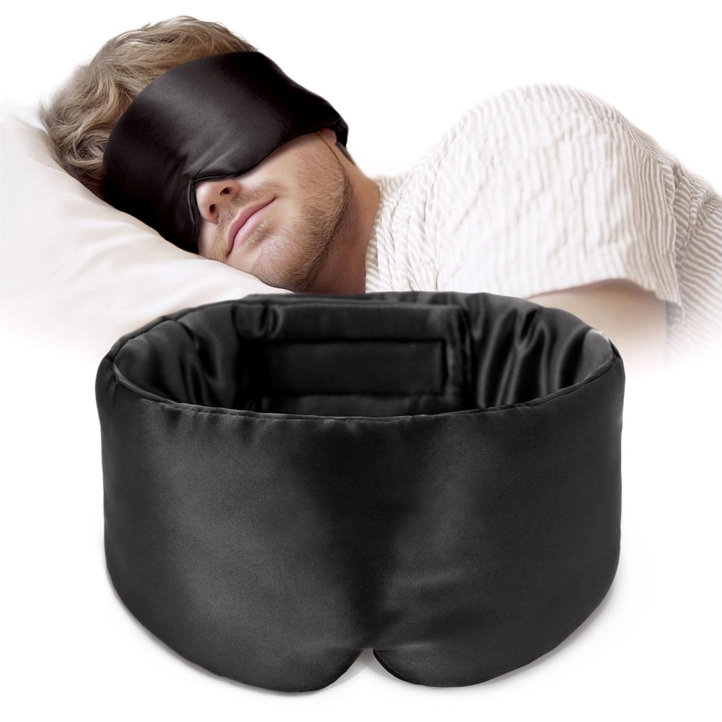 Silk Sleep Mask Soft Pressureless: 100% Mulberry Silk for Eye Skin Anti Wrinkles, Large Size for Total Blackout, Adjustable Wide Velcro Ear Cover