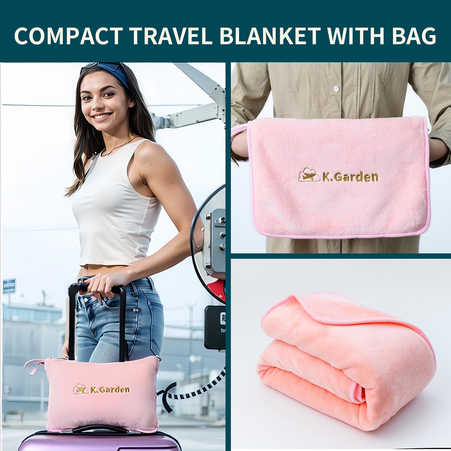 Travel Cooling Blanket and Pillow- Soft 2 in 1 Airplane Compact Flight Essentials Car Pillow Travelers Gifts Accessories Compact Pack Blanket for Any Travel with Luggage Backpack Strap,Pink