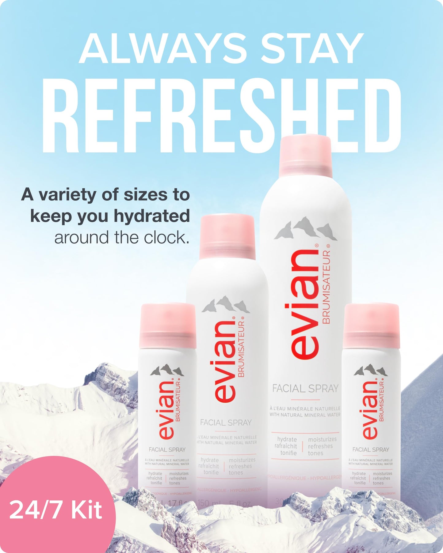 BRUMISATEUR Evian Facial Spray 24/7 Kit - Hydrating Mineral Water Mist for Face & Skin - Refreshes Makeup, Sets, & Tones - Travel-Friendly Sizes for Daily Moisture Boost