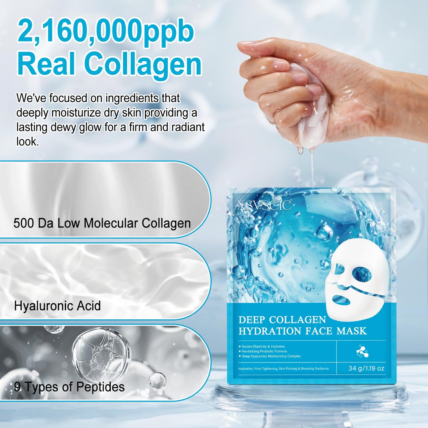 Xsvseie Collagen Face Mask, Deep Collagen Anti Wrinkle Lifting Mask Hydrogel Masks with Low Molecular Sheet Mask Overnight Hydrating Face Mask for Firming,Elasticity, Moisturizing for All Skin Types