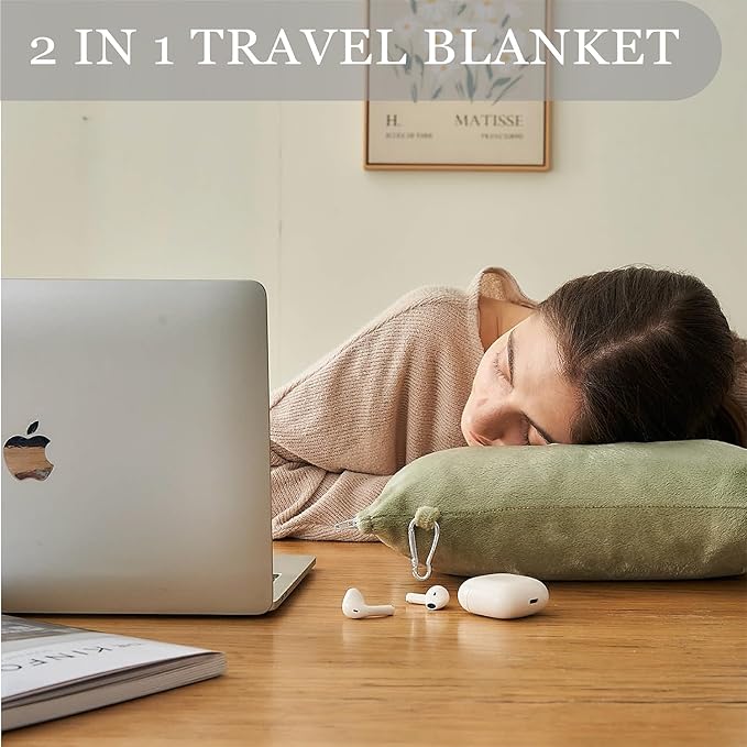 Commollis 2-in-1 Travel Blanket & Pillow for Airplane, Car, Train - Warm Compact Flight Blanket with Luggage Strap & Backpack Clip, Machine Washable, All-Season Use