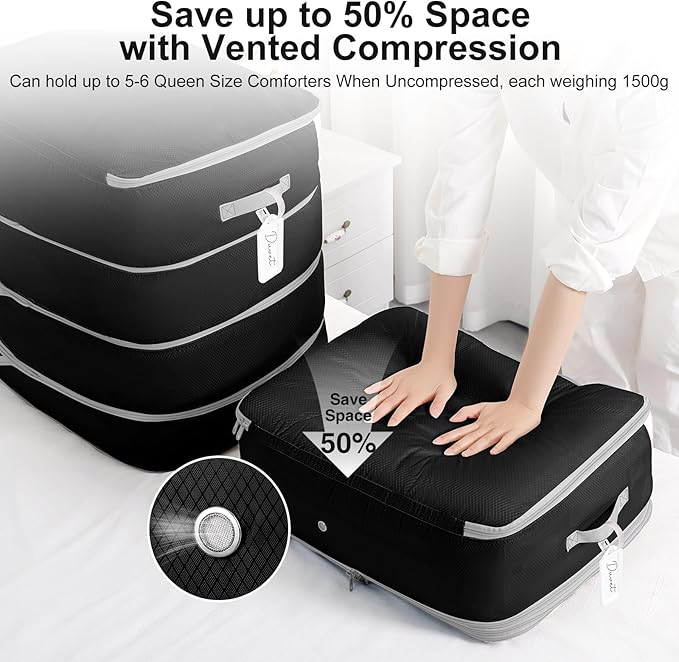 Comforter Storage Bag - 130L Large Capacity Blanket Storage Bags 4-Layer Ultra Space Saving Self Compression Organizer, Washable Compression Bags for Storage Comforter Blanket, 4-Pack, Black