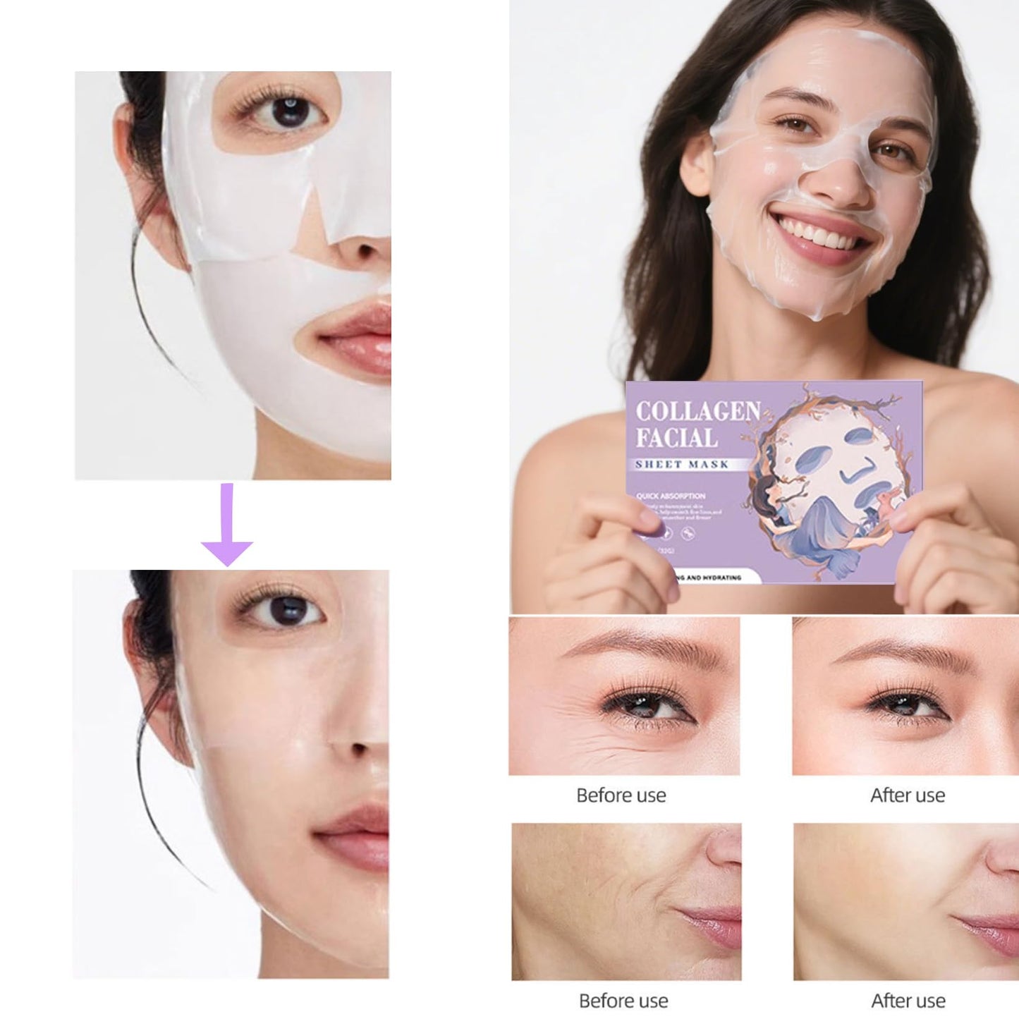 Ueseinl Bio-Collagen Overnight Face Mask,Glass Glow Hydrogel Face Masks, Collagen Face Mask, Korean Glass Skin Facial Sheet Masks, Wake up Glass-Like Skin