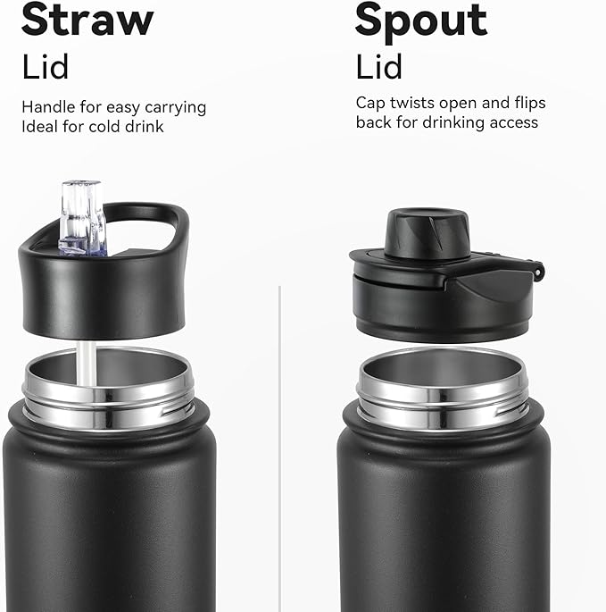16 oz Insulated Water Bottle with Straw Lids, Stainless Steel Kids Water Bottles for School, Double Wall Vacuum Metal Water Bottle with Straw & Wide Mouth Lid, Black 1 Pack