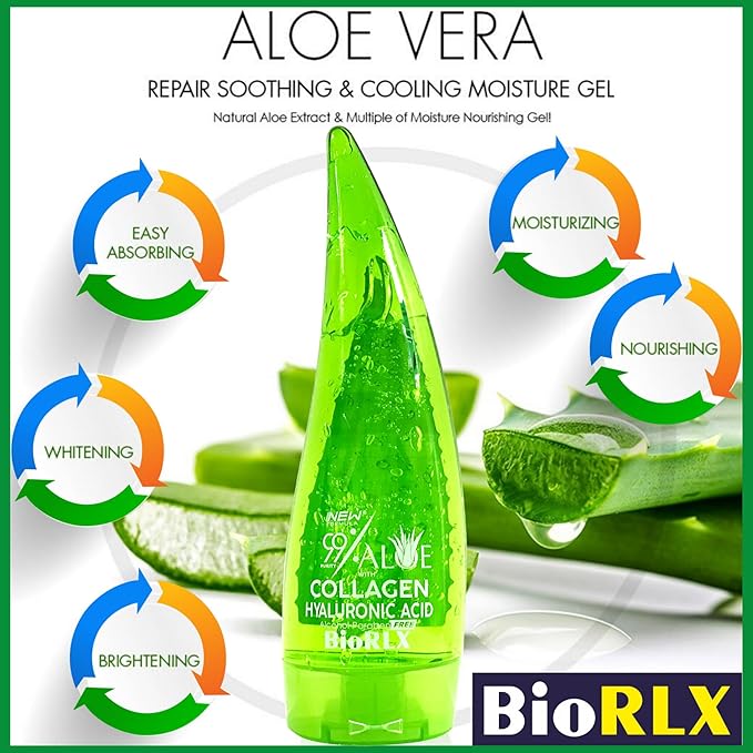 BioRLX 99% Aloe Vera Gel with Collagen and Hyaluronic Acid 250 Ml 8.5 Fl Oz - For Face Body, Hair & Scalp, After Sun Relief, Natural, Soothing, Hydrating