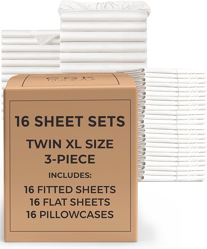 Bulk Case Pack of 16 Sheet Sets - (16) Complete Twin XL Size Sheet Sets w/ Deep Pockets - Wholesale Bulk Bedding for Hotels, Spas & Airbnbs - Breathable, Soft & Wrinkle Free - (Twin XL, Antique White)
