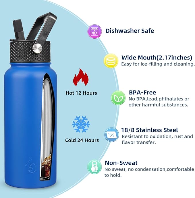 BJPKPK Insulated Water Bottles with Straw Lid, 32oz Metal Large Water Bottle with 3 Lids, Reusable Leak Proof BPA Free Thermos, Stainless Steel Canteen Water Bottle for Sports, Gym & Travel-Sapphire