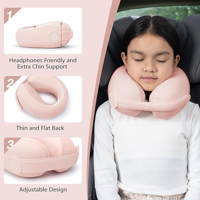 Car Pillow for Big Kids Travel Neck Pillows, Memory Foam Neck Support Travelling Pillow with Washable Cotton Pillowcases and Storage Bag, for Airplane, Train, Flight and Home Use Pink