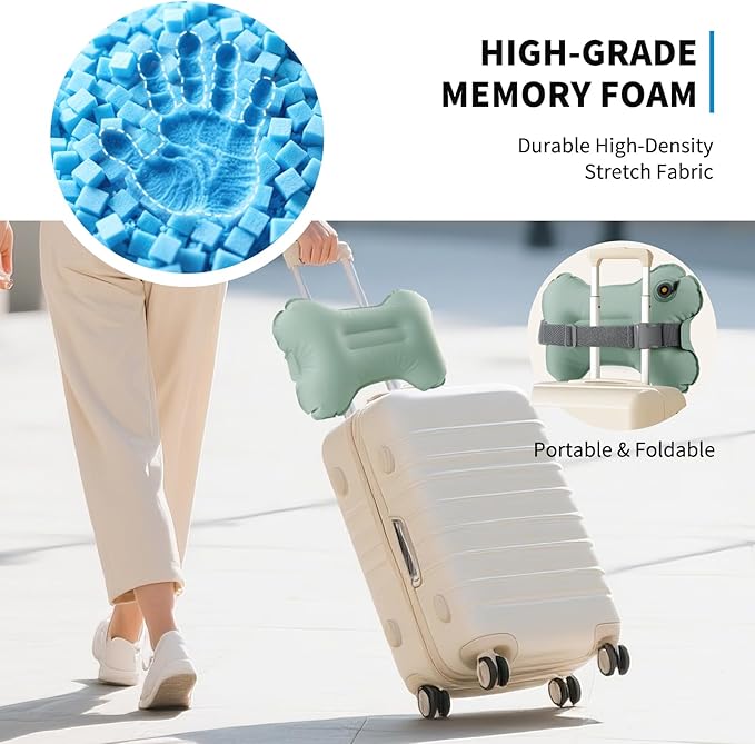 Mixtrend Travel Lumbar Pillow – Inflatable Memory Foam Back Support Cushion for Airplane, Car, Office Chair, Long Flight – Ergonomic Pain Relief for Women, Men & Kids (Matcha Green)