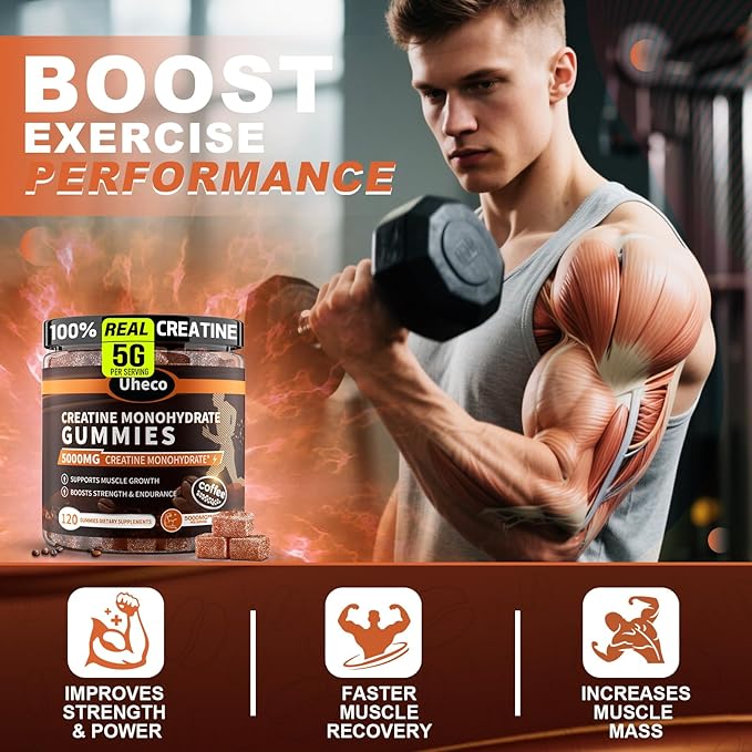 Coffee Flavor Creatine Monohydrate Gummies for Men & Women,Contains L-Taurine + Vitamin B12, Betaine, L-Citrulline for Improve Exercise Endurance, Muscle Strength -120 Count