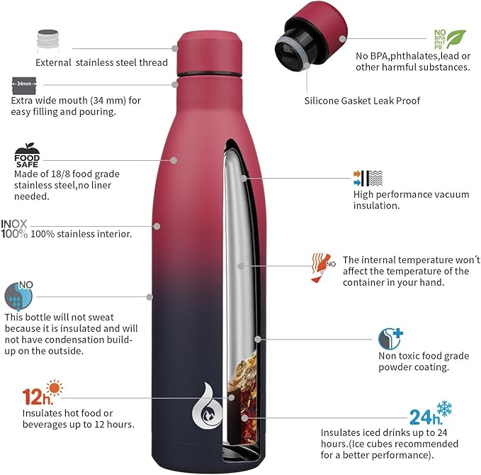 BJPKPK 25oz Insulated Stainless Steel Water Bottles Reusable Metal Travel Sports Water Bottle Keep Cold and Hot,Charming Black Red